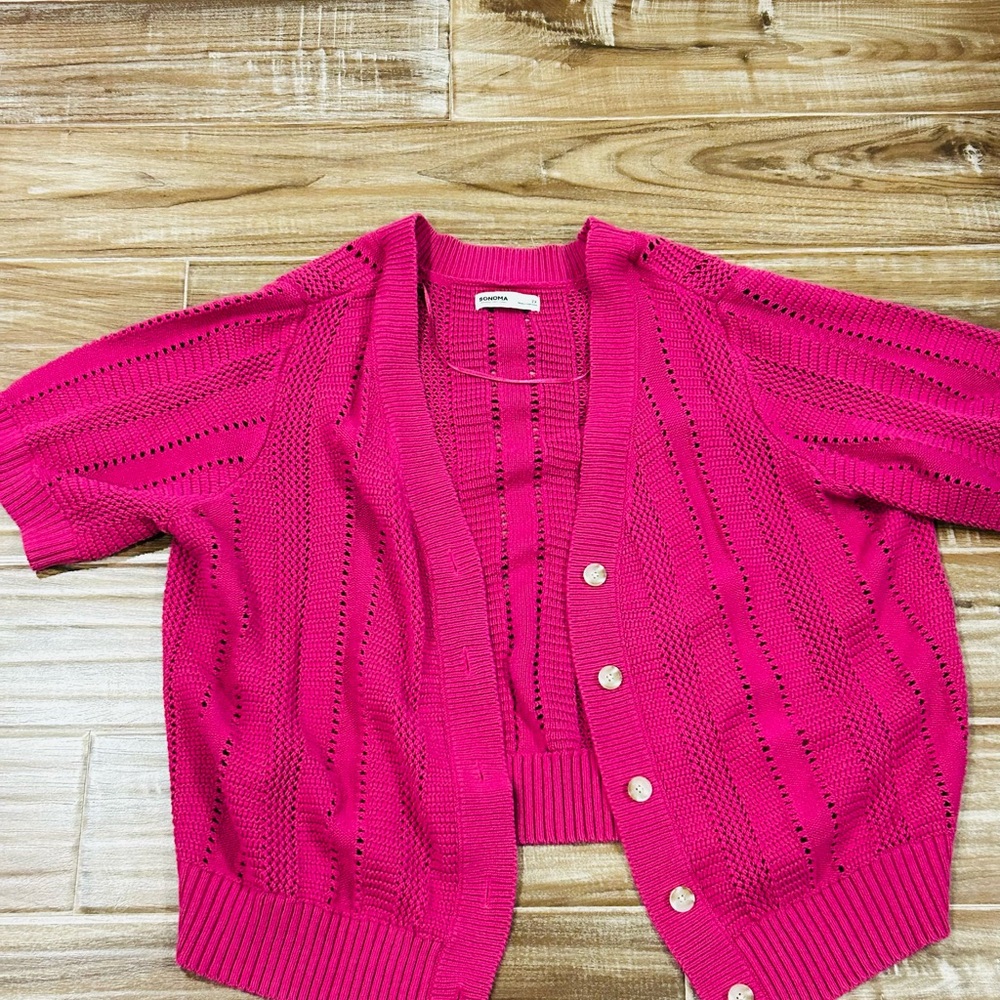 Pink Open-Knit Women's short sleeved Sweater cardigan